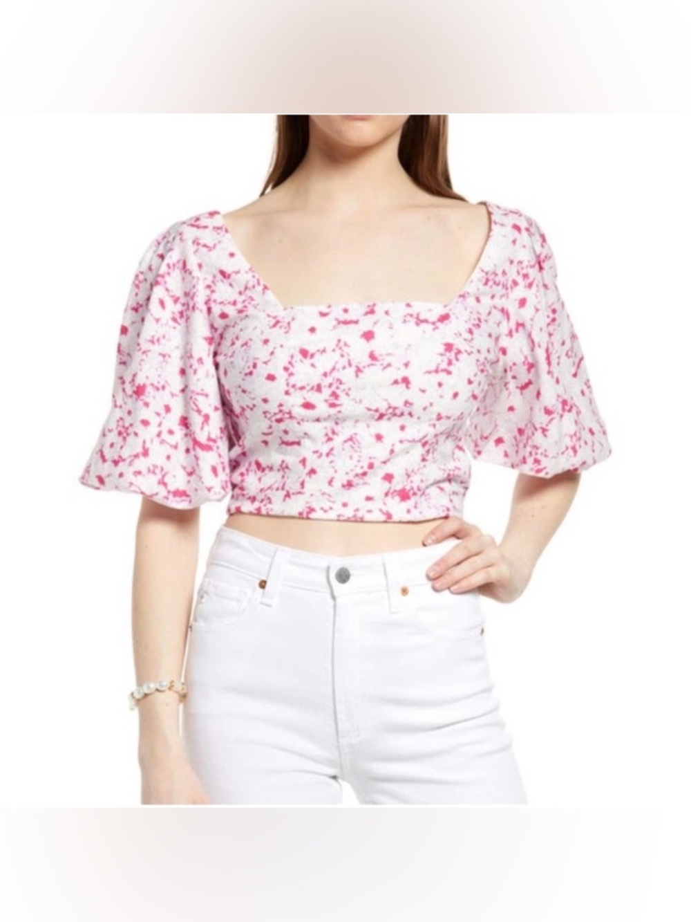 Open Edit White Pink Puff Sleeve Linen Blend Crop Top